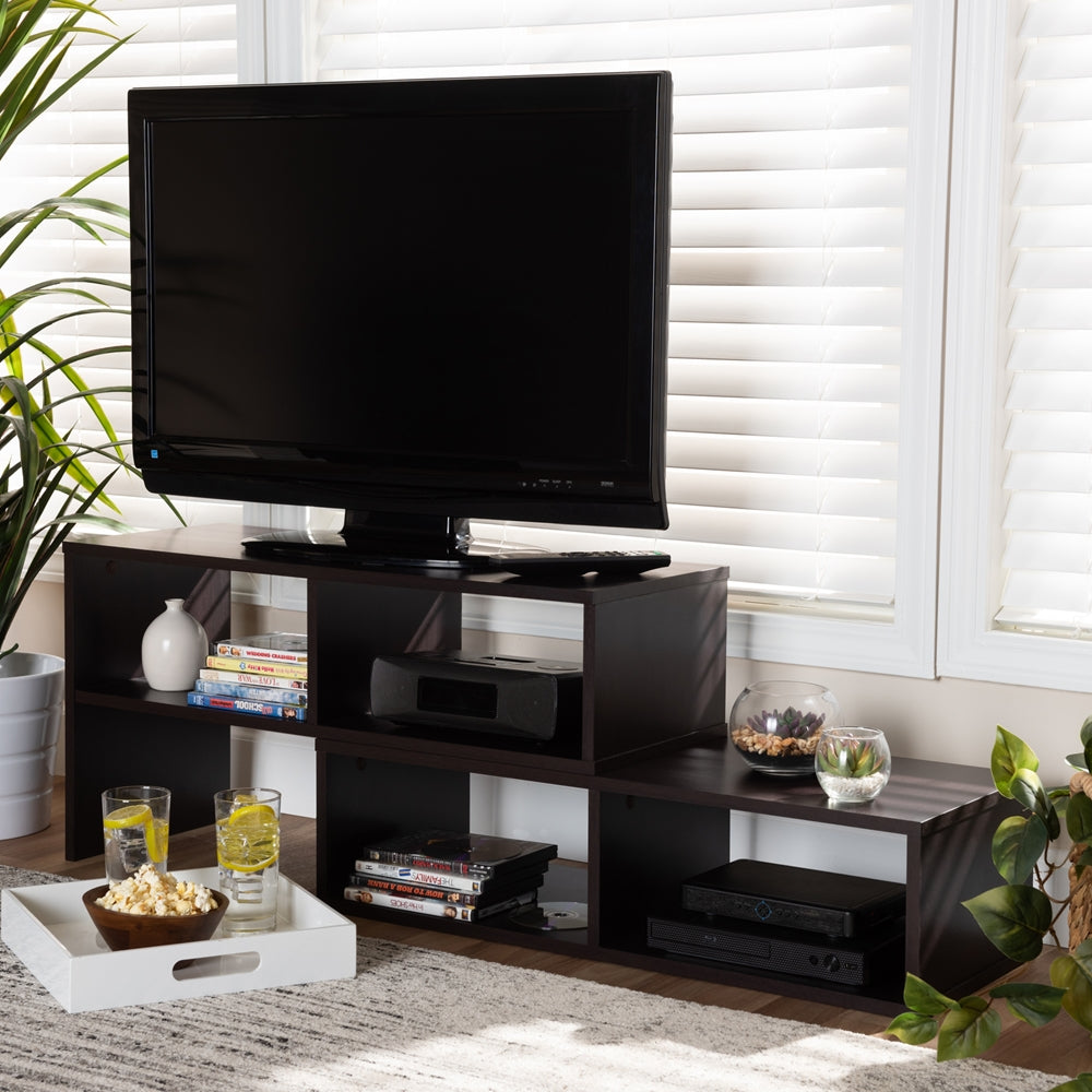 5 Shelves 2-Piece Wood TV Stand Modern and Contemporary Dark Brown Finished Adjustable