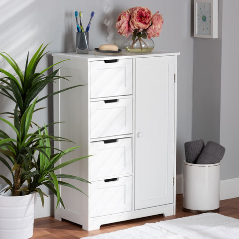 4-Drawer 1 Door Bathroom Storage Cabinet Modern and Contemporary White Finished Wood