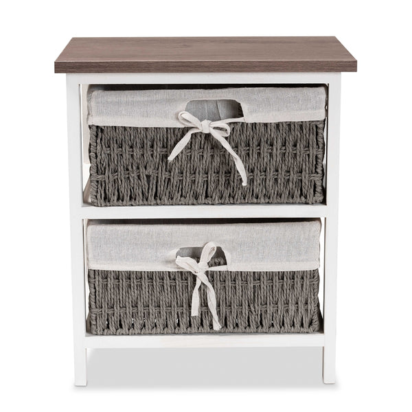 Modern Transitional Two-Tone Walnut Brown and White Finished Wood 2-Basket Storage Unit