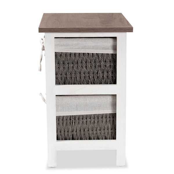 Modern Transitional Two-Tone Walnut Brown and White Finished Wood 2-Basket Storage Unit