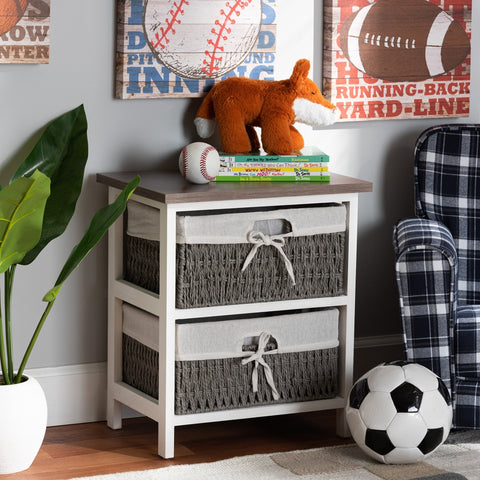 Modern Transitional Two-Tone Walnut Brown and White Finished Wood 2-Basket Storage Unit