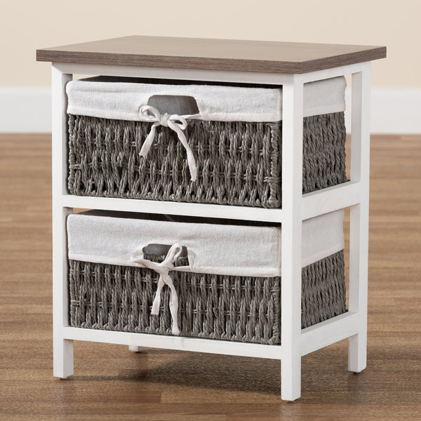 Modern Transitional Two-Tone Walnut Brown and White Finished Wood 2-Basket Storage Unit