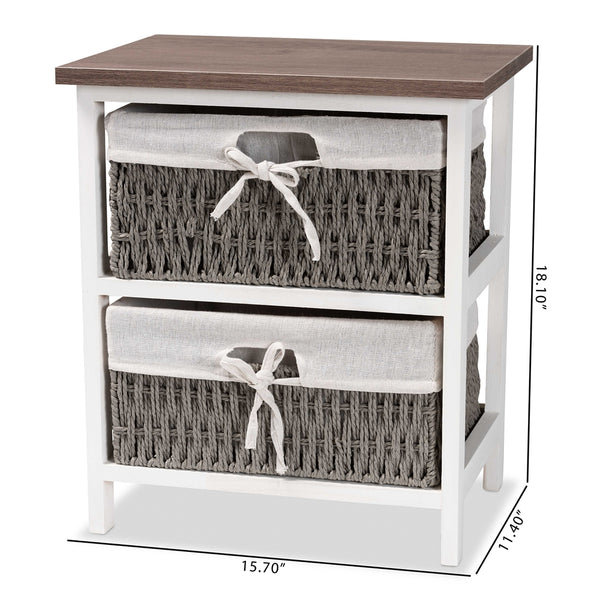 Modern Transitional Two-Tone Walnut Brown and White Finished Wood 2-Basket Storage Unit