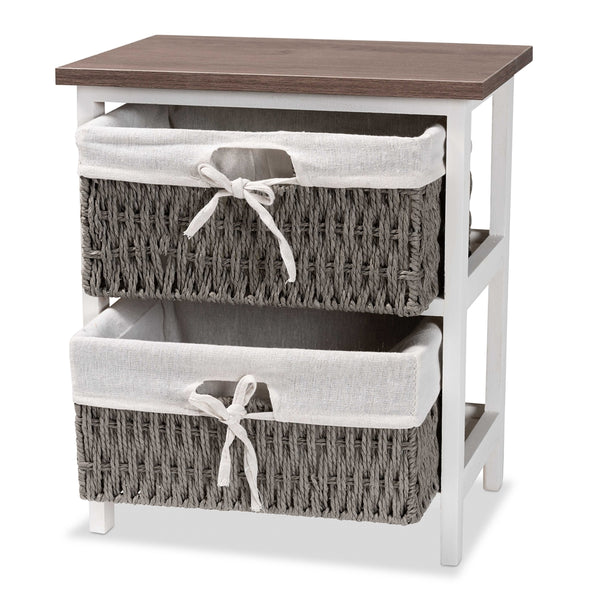 Modern Transitional Two-Tone Walnut Brown and White Finished Wood 2-Basket Storage Unit