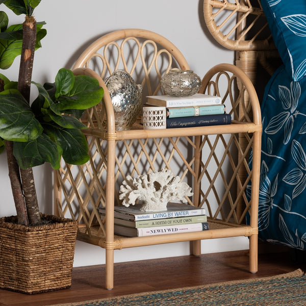 Modern Bohemian Natural Brown Rattan 2-Tier Display Shelf