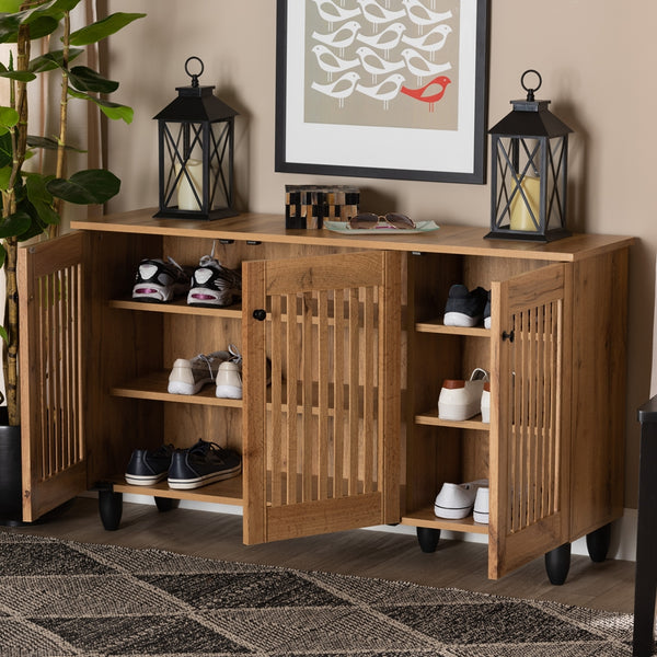 Modern and Contemporary 3-Door 2 Tier Shoe Cabinet Oak Brown Finished Wood