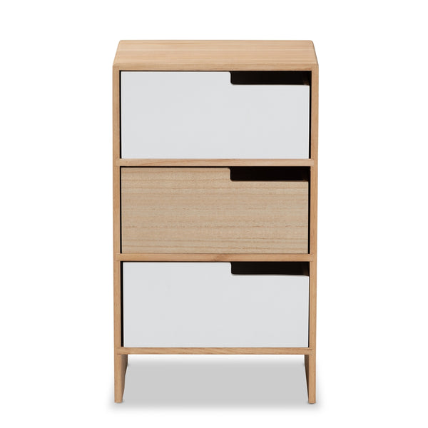 Modern and Contemporary Two-Tone White and Oak Brown Finished Wood 3-Drawer Storage Cabinet