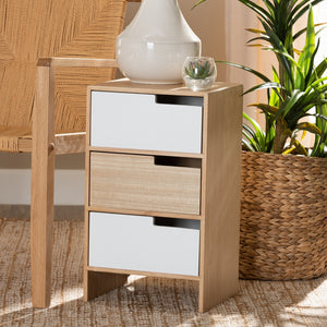 Modern and Contemporary Two-Tone White and Oak Brown Finished Wood 3-Drawer Storage Cabinet