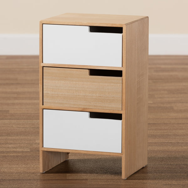 Modern and Contemporary Two-Tone White and Oak Brown Finished Wood 3-Drawer Storage Cabinet