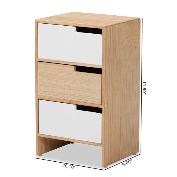 Modern and Contemporary Two-Tone White and Oak Brown Finished Wood 3-Drawer Storage Cabinet