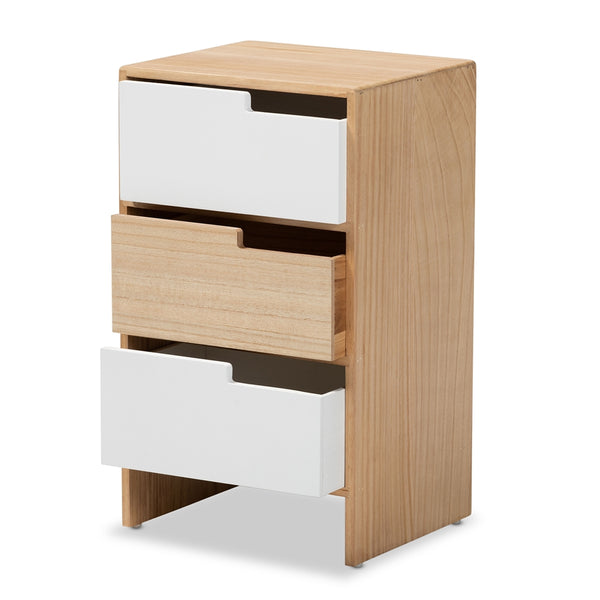 Modern and Contemporary Two-Tone White and Oak Brown Finished Wood 3-Drawer Storage Cabinet