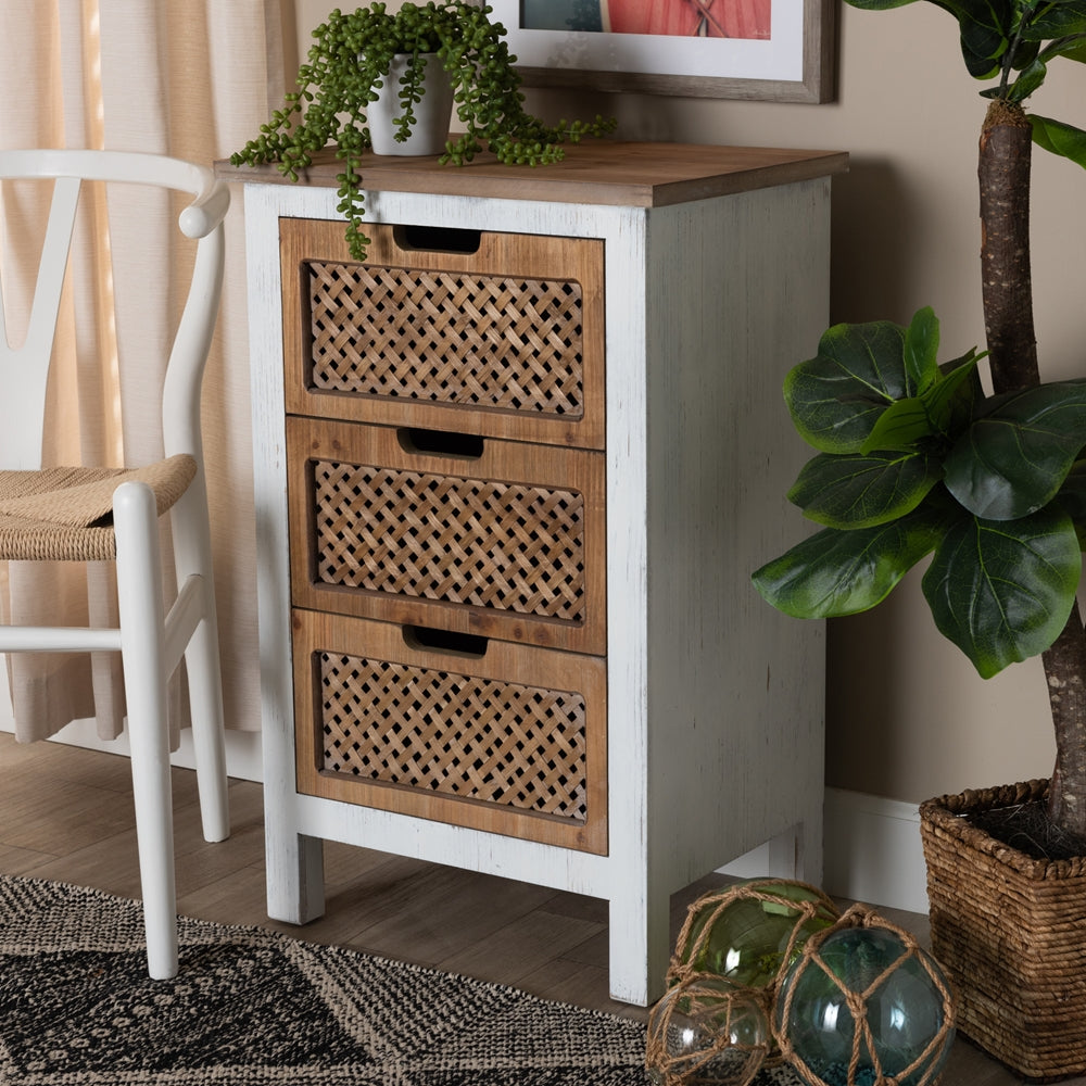 3-Drawer Wood Storage Cabinet Rustic Farmhouse and Shabby Chic White and Oak Brown Finished