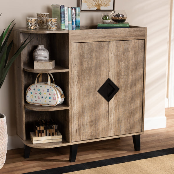 2-Door Shoe Storage Cabinet with 3 Open Shelves Modern and Contemporary Rustic Oak Finished Wood