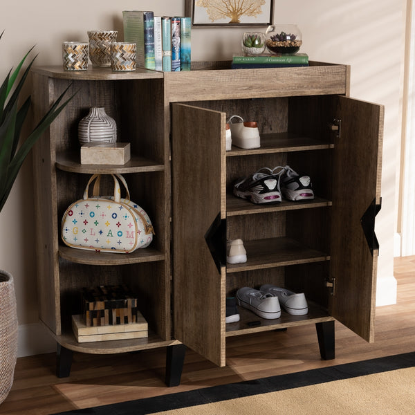 2-Door Shoe Storage Cabinet with 3 Open Shelves Modern and Contemporary Rustic Oak Finished Wood