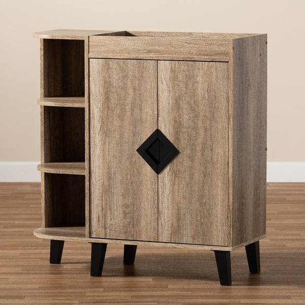 2-Door Shoe Storage Cabinet with 3 Open Shelves Modern and Contemporary Rustic Oak Finished Wood