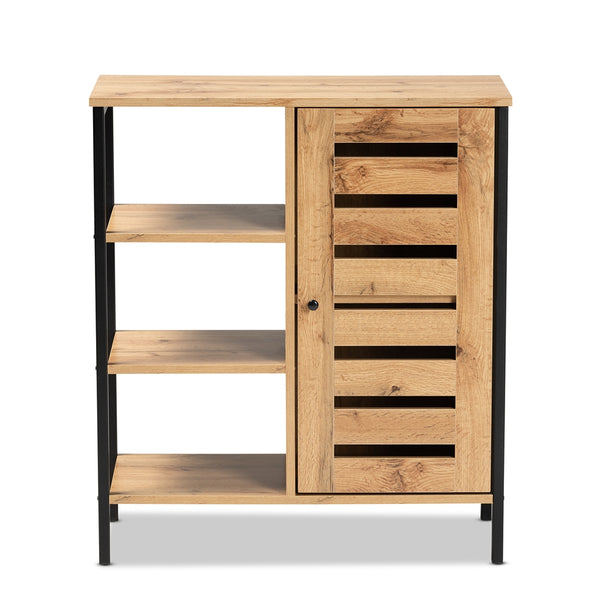 1-Door 3 Tier Shoe Storage Cabinet Modern and Contemporary Oak Brown Finished Wood and Black Finished Metal