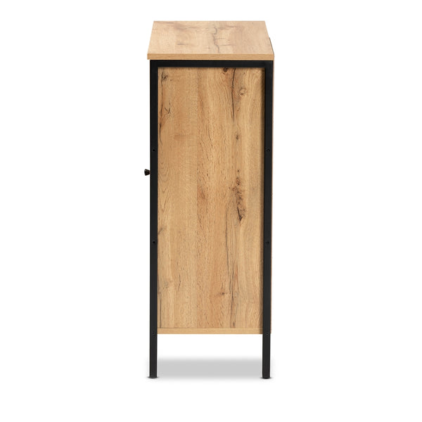 1-Door 3 Tier Shoe Storage Cabinet Modern and Contemporary Oak Brown Finished Wood and Black Finished Metal