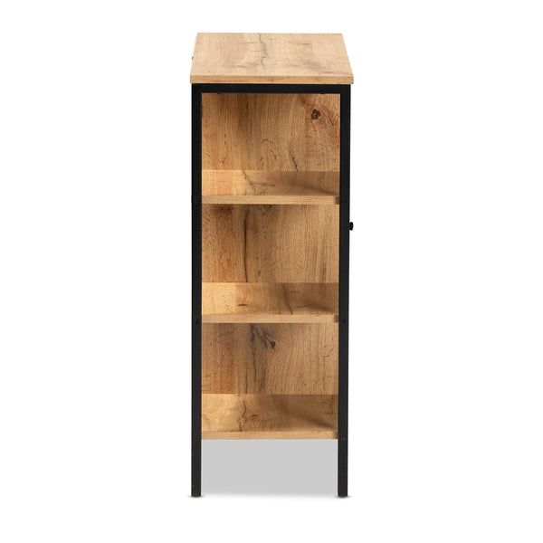 1-Door 3 Tier Shoe Storage Cabinet Modern and Contemporary Oak Brown Finished Wood and Black Finished Metal