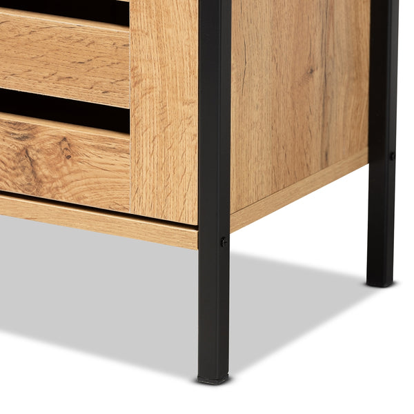 1-Door 3 Tier Shoe Storage Cabinet Modern and Contemporary Oak Brown Finished Wood and Black Finished Metal