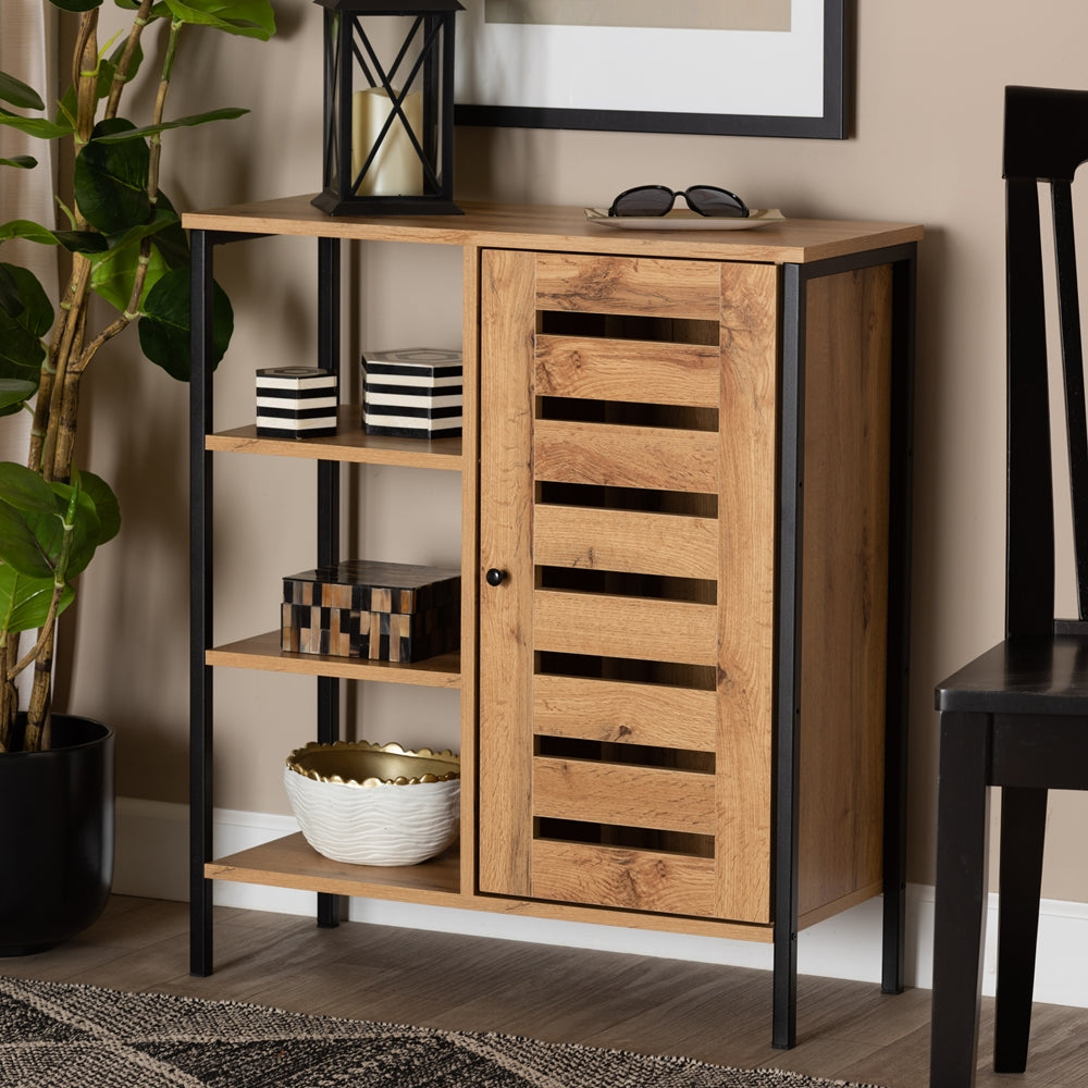 1-Door 3 Tier Shoe Storage Cabinet Modern and Contemporary Oak Brown Finished Wood and Black Finished Metal