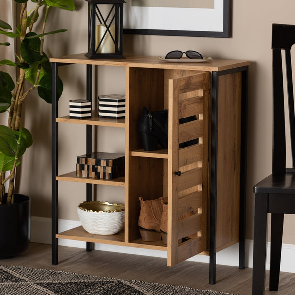 1-Door 3 Tier Shoe Storage Cabinet Modern and Contemporary Oak Brown Finished Wood and Black Finished Metal