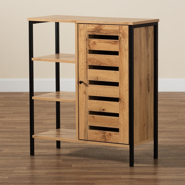 1-Door 3 Tier Shoe Storage Cabinet Modern and Contemporary Oak Brown Finished Wood and Black Finished Metal