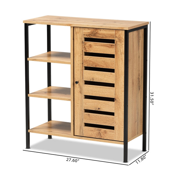 1-Door 3 Tier Shoe Storage Cabinet Modern and Contemporary Oak Brown Finished Wood and Black Finished Metal