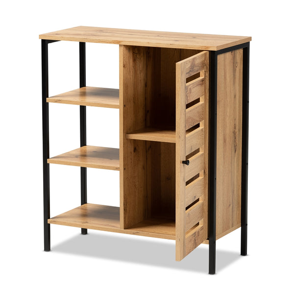 1-Door 3 Tier Shoe Storage Cabinet Modern and Contemporary Oak Brown Finished Wood and Black Finished Metal