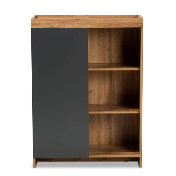 3 Tier 1 Door Shoe Cabinet Two-Tone Grey and Oak Brown Finished Wood