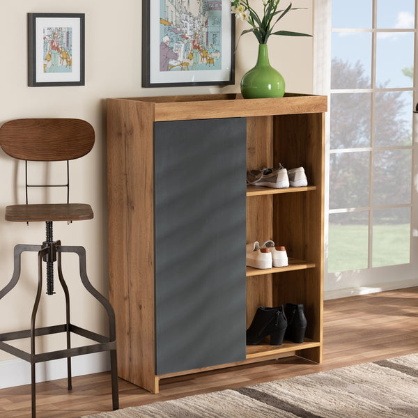 3 Tier 1 Door Shoe Cabinet Two-Tone Grey and Oak Brown Finished Wood