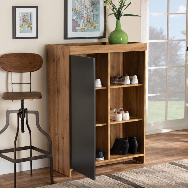 3 Tier 1 Door Shoe Cabinet Two-Tone Grey and Oak Brown Finished Wood