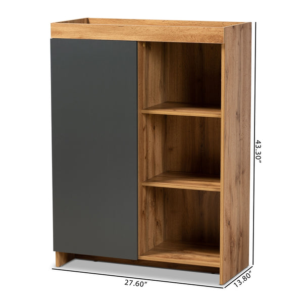 3 Tier 1 Door Shoe Cabinet Two-Tone Grey and Oak Brown Finished Wood