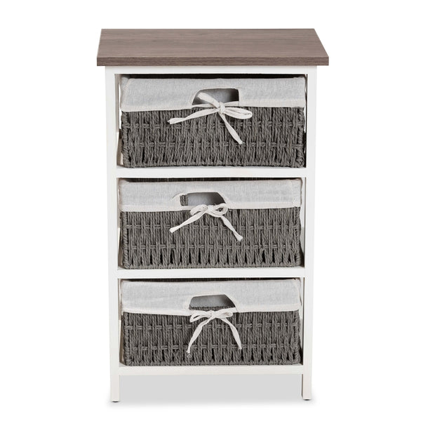 Modern Transitional Two-Tone Walnut Brown and White Finished Wood 3-Basket Storage Unit