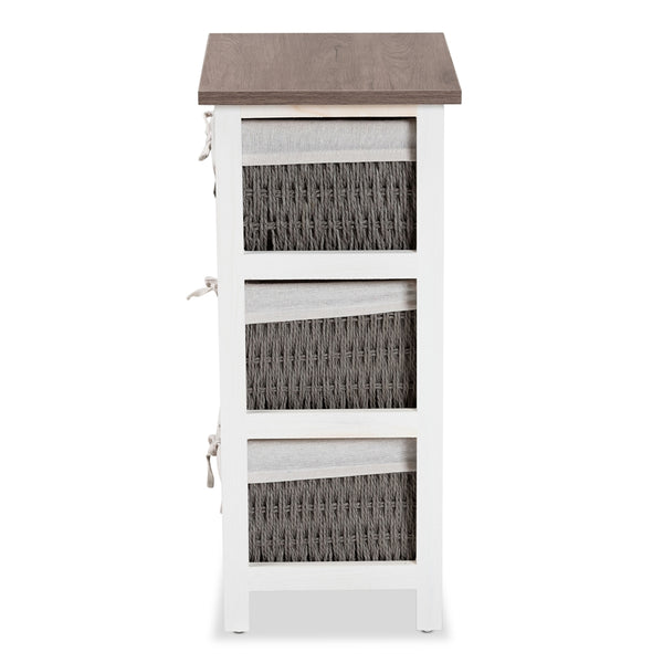 Modern Transitional Two-Tone Walnut Brown and White Finished Wood 3-Basket Storage Unit