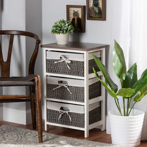 Modern Transitional Two-Tone Walnut Brown and White Finished Wood 3-Basket Storage Unit