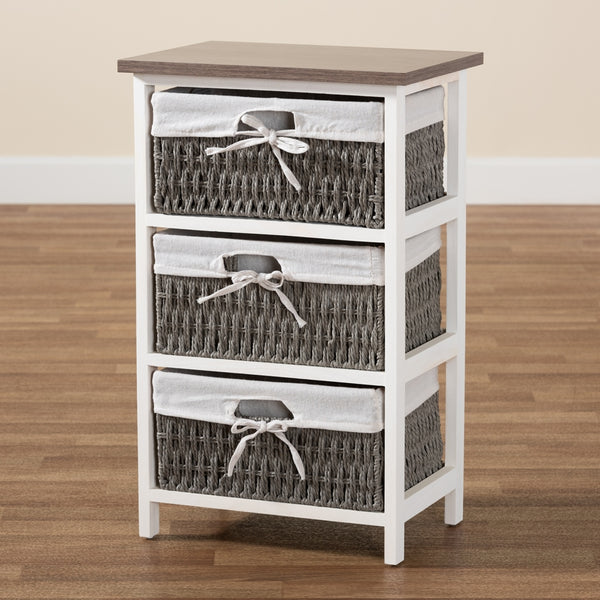 Modern Transitional Two-Tone Walnut Brown and White Finished Wood 3-Basket Storage Unit