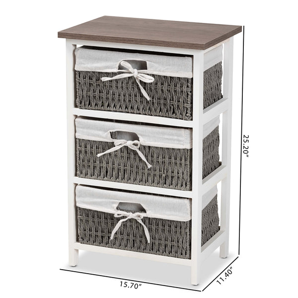 Modern Transitional Two-Tone Walnut Brown and White Finished Wood 3-Basket Storage Unit