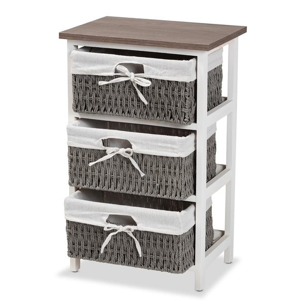 Modern Transitional Two-Tone Walnut Brown and White Finished Wood 3-Basket Storage Unit