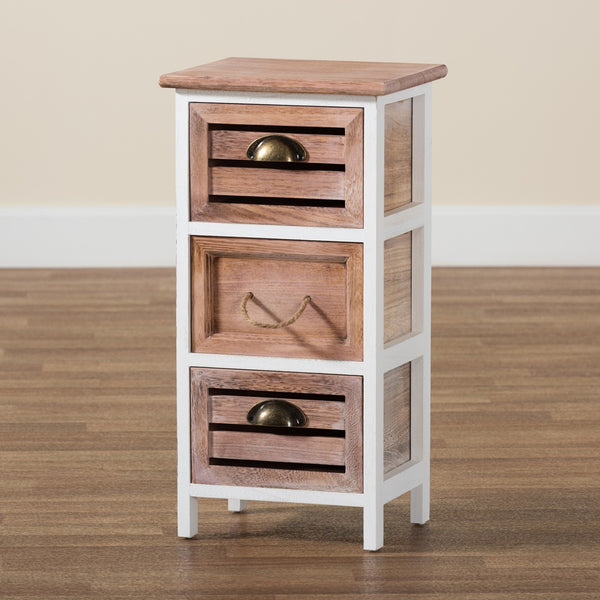 Modern and Contemporary Two-Tone White and Oak Brown Finished Wood 3-Drawer Storage Unit