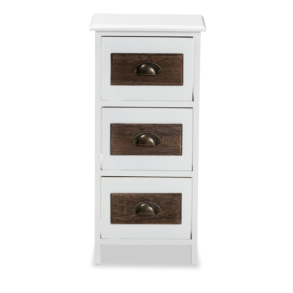 Modern and Contemporary Two-Tone White and Walnut Brown Finished Wood 3-Drawer Storage Unit