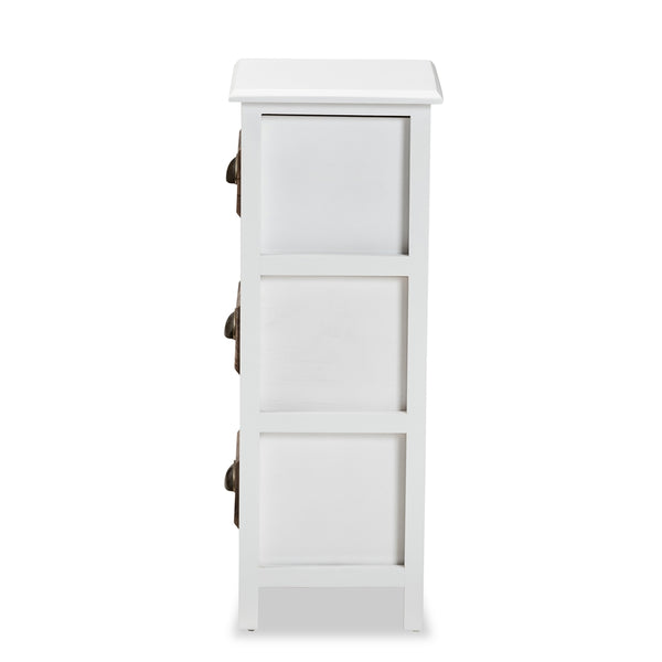 Modern and Contemporary Two-Tone White and Walnut Brown Finished Wood 3-Drawer Storage Unit