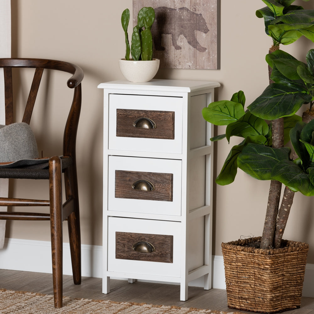 Modern and Contemporary Two-Tone White and Walnut Brown Finished Wood 3-Drawer Storage Unit