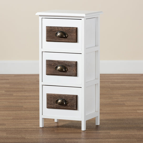 Modern and Contemporary Two-Tone White and Walnut Brown Finished Wood 3-Drawer Storage Unit