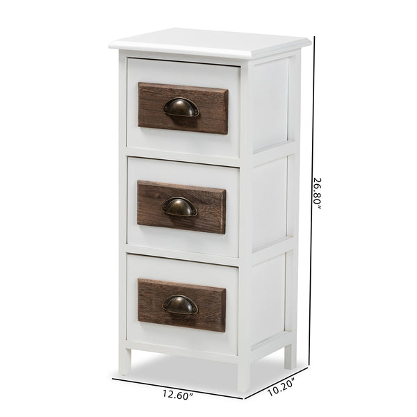 Modern and Contemporary Two-Tone White and Walnut Brown Finished Wood 3-Drawer Storage Unit