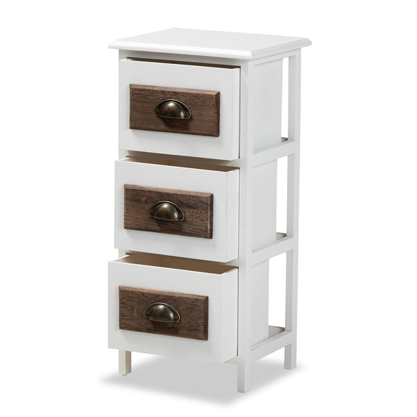 Modern and Contemporary Two-Tone White and Walnut Brown Finished Wood 3-Drawer Storage Unit