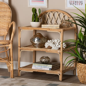 Modern Bohemian Natural Brown Rattan 3-Tier Display Shelf