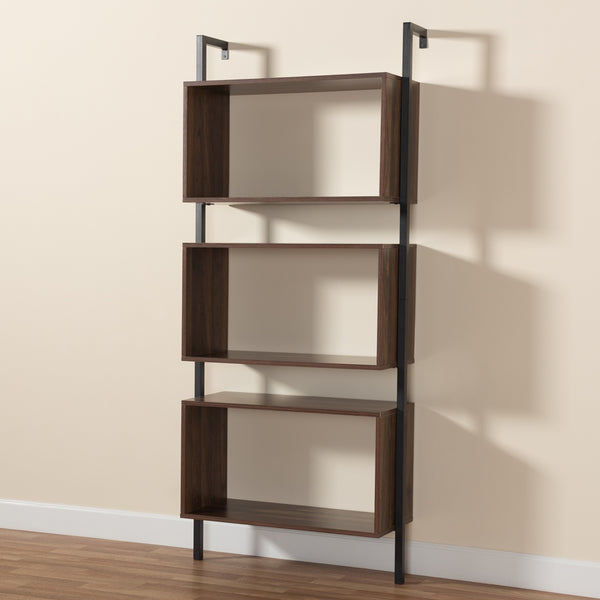 3-Tier Wall Mounted Display Shelf Modern Industrial Walnut Brown Finished Wood and Black Metal