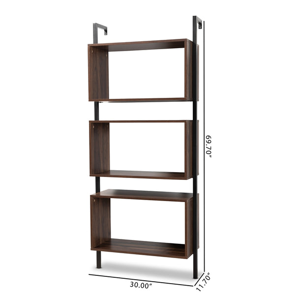 3-Tier Wall Mounted Display Shelf Modern Industrial Walnut Brown Finished Wood and Black Metal