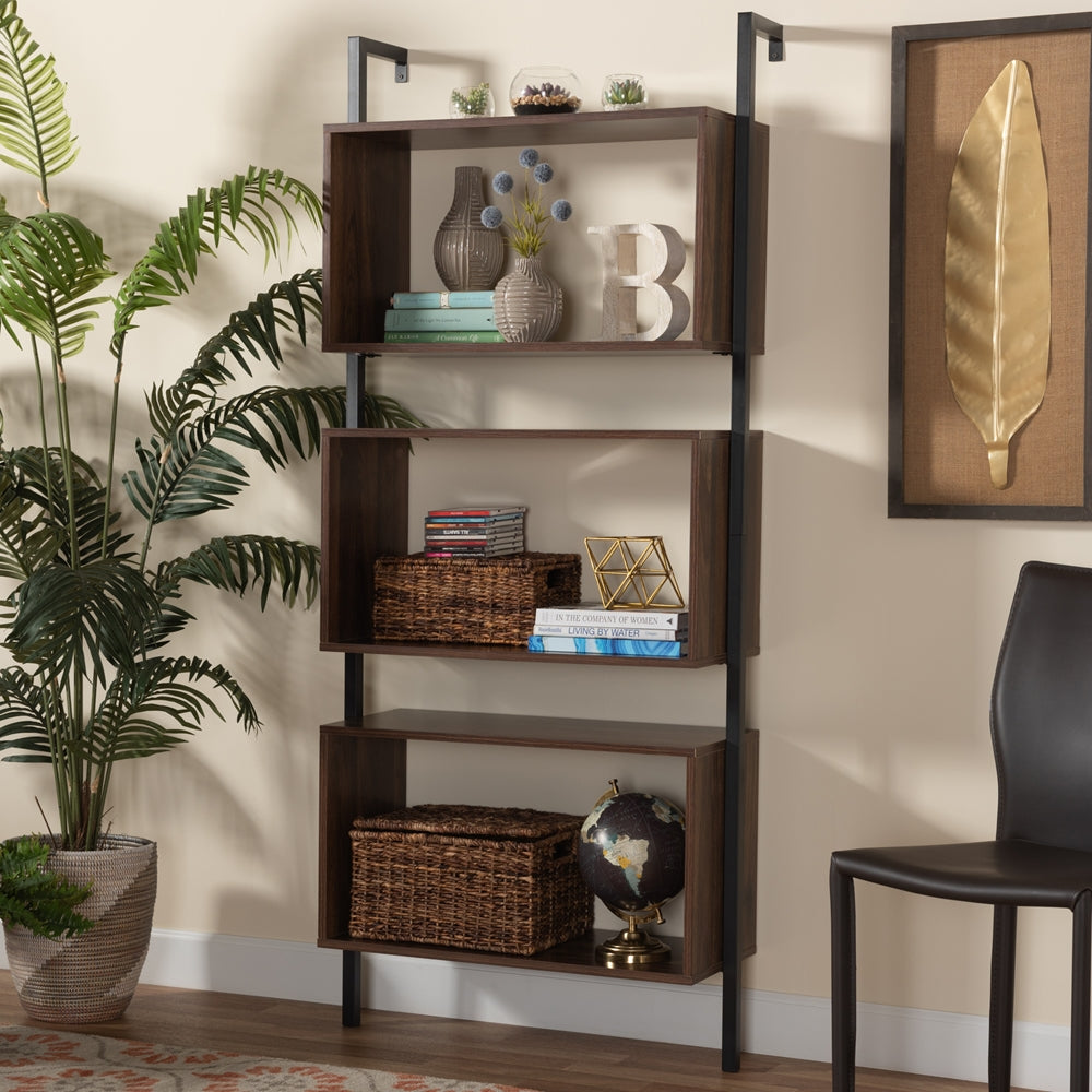 3-Tier Wall Mounted Display Shelf Modern Industrial Walnut Brown Finished Wood and Black Metal