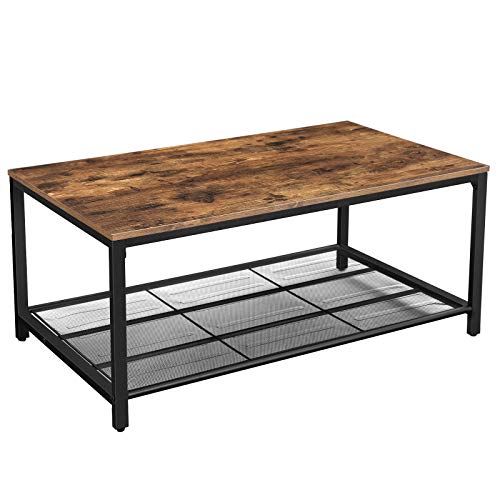 Industrial Style Coffee Table, Living Room Table with Dense Mesh Shelf, Large Storage Space